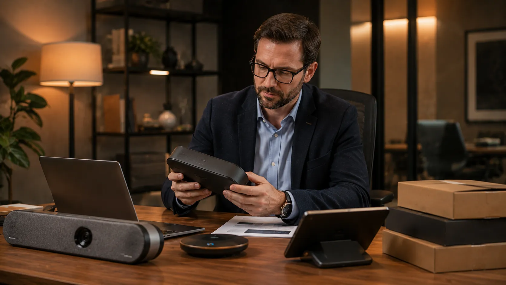 Professional technology advisor reviewing conferencing equipment in a clean corporate office — warm ambient lighting — Kickstart Computers Australia