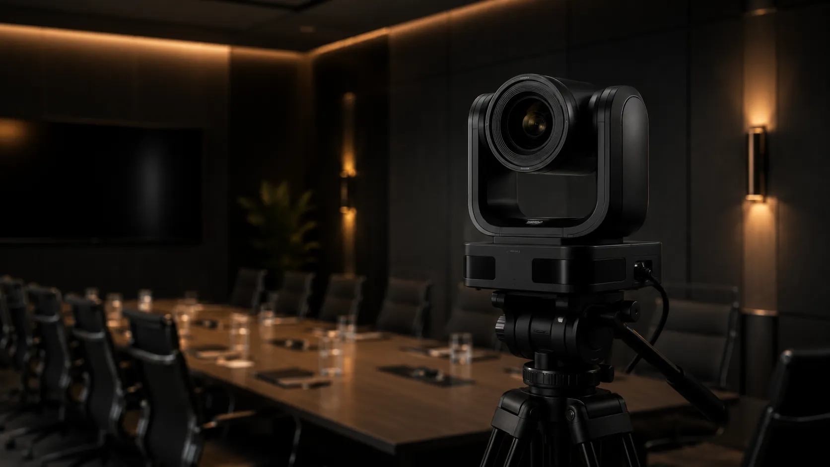 Large Meeting Room & Boardroom Video Conferencing — Hardware For Rooms Seating 12 to 20+ 12 AVer PTZ camera on tripod in large conference room — professional broadcast form factor, warm amber lighting — Kickstart Computers Australia