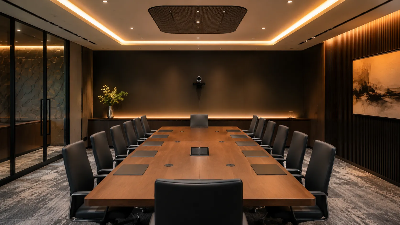 AVer PTZ camera wall-mounted in a large corporate meeting room with ceiling microphone array visible — warm amber lighting — Kickstart Computers Australia