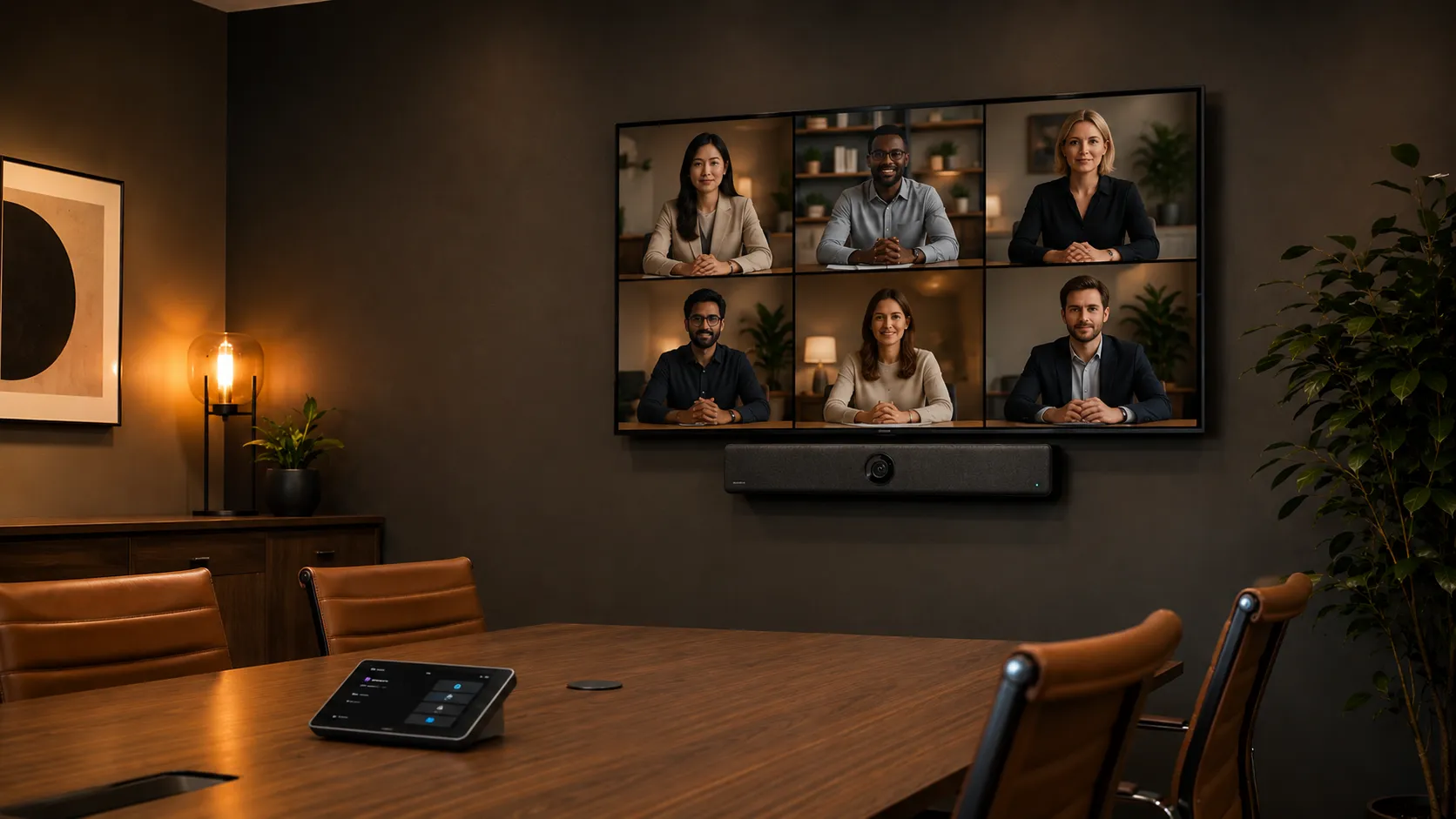 Corporate meeting room display showing video conferencing interface — AVer camera mounted below screen, warm amber lighting — Kickstart Computers Australia