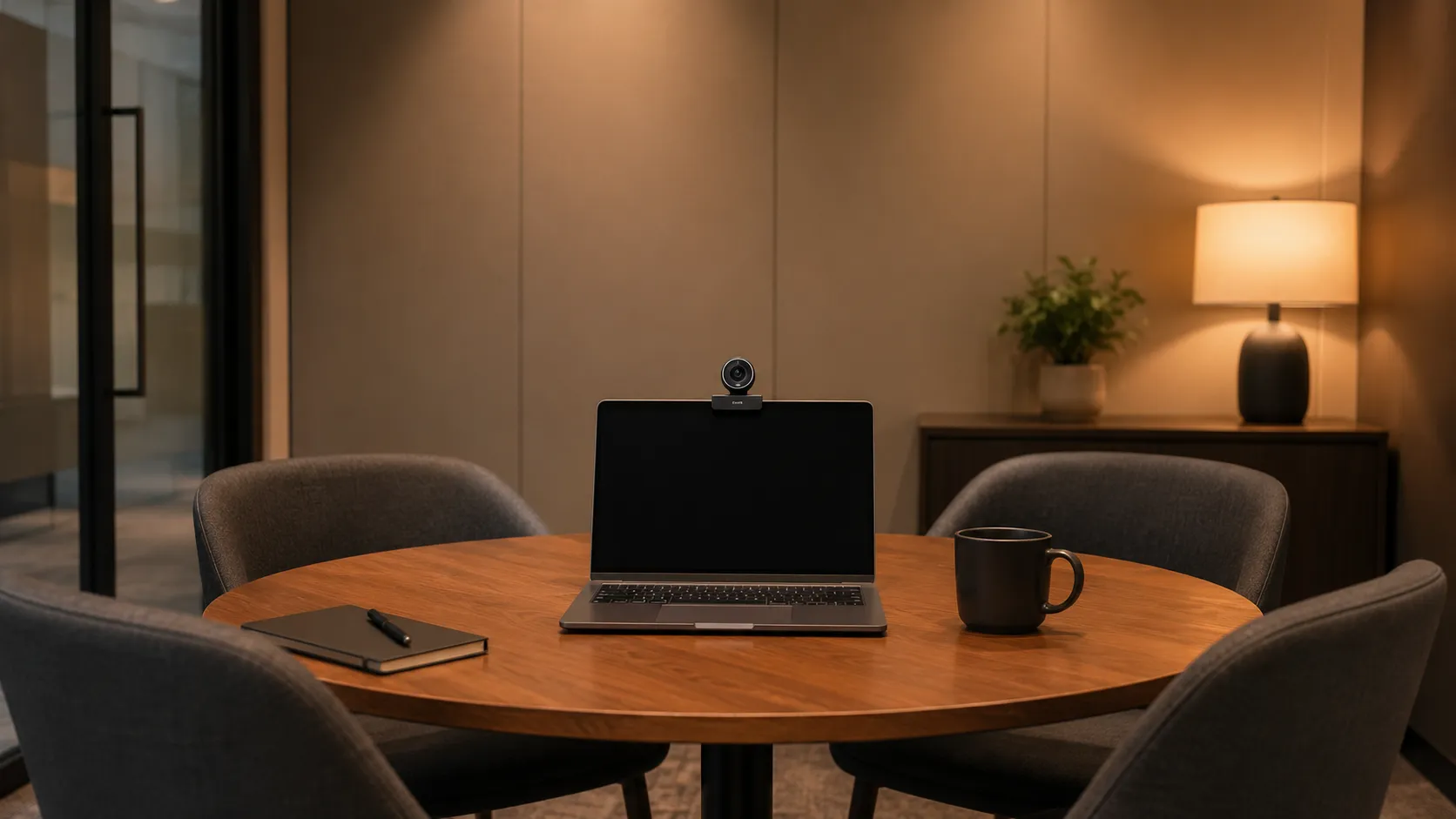 AVer USB camera on laptop screen in a small huddle room — simple BYOD conferencing setup, warm ambient lighting — Kickstart Computers Australia