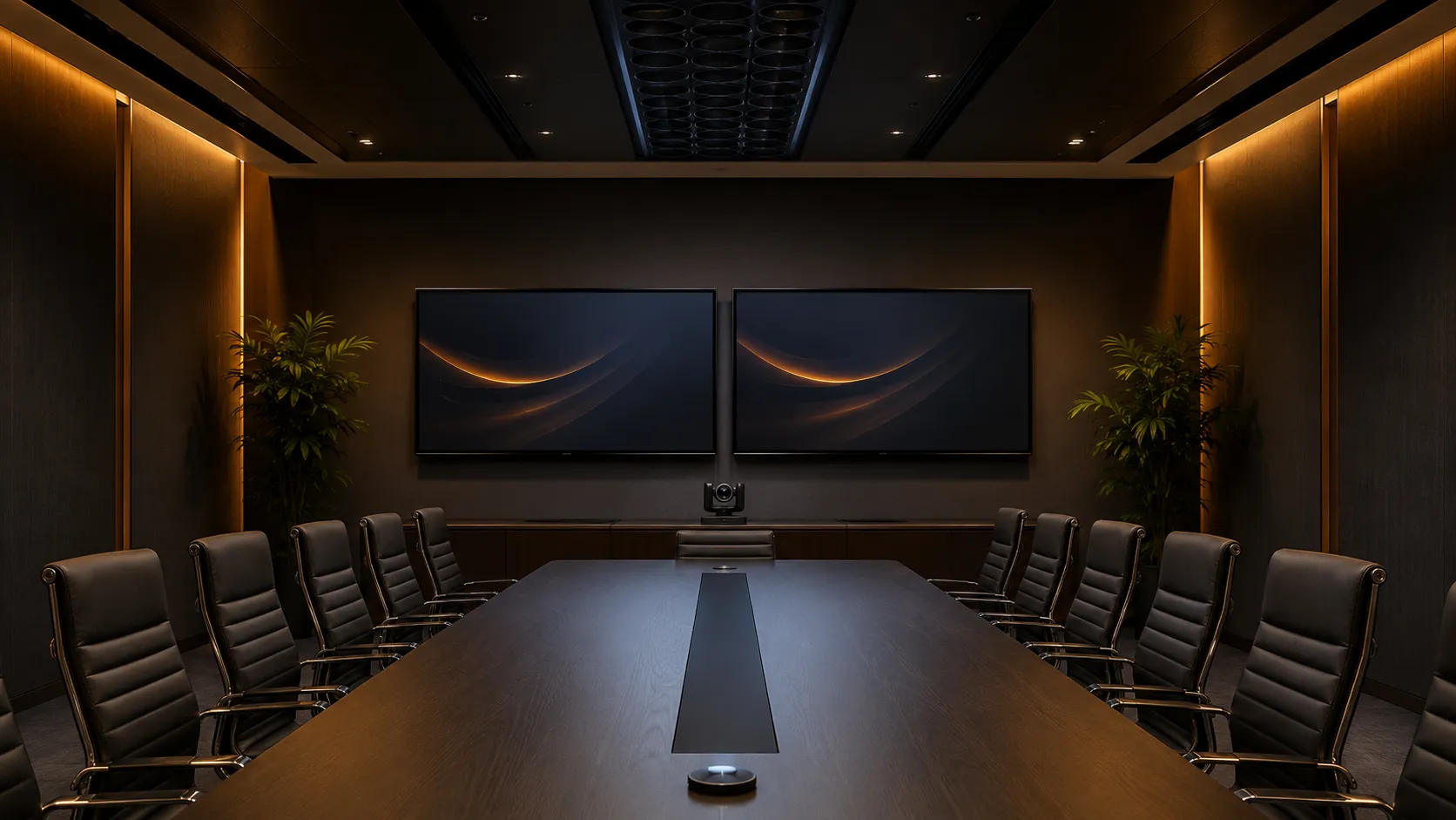 Executive boardroom with standalone AVer dual-lens PTZ camera mounted on low credenza beneath dual displays — no all-in-one bars visible, warm amber lighting, dark charcoal walls — Kickstart Computers Australia