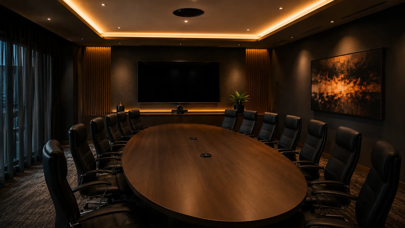 Large Meeting Room & Boardroom Video Conferencing — Hardware For Rooms Seating 12 to 20+ 4 Executive boardroom with premium oval table, ceiling microphone array, large wall-mounted display and subdued executive lighting — Kickstart Computers Australia