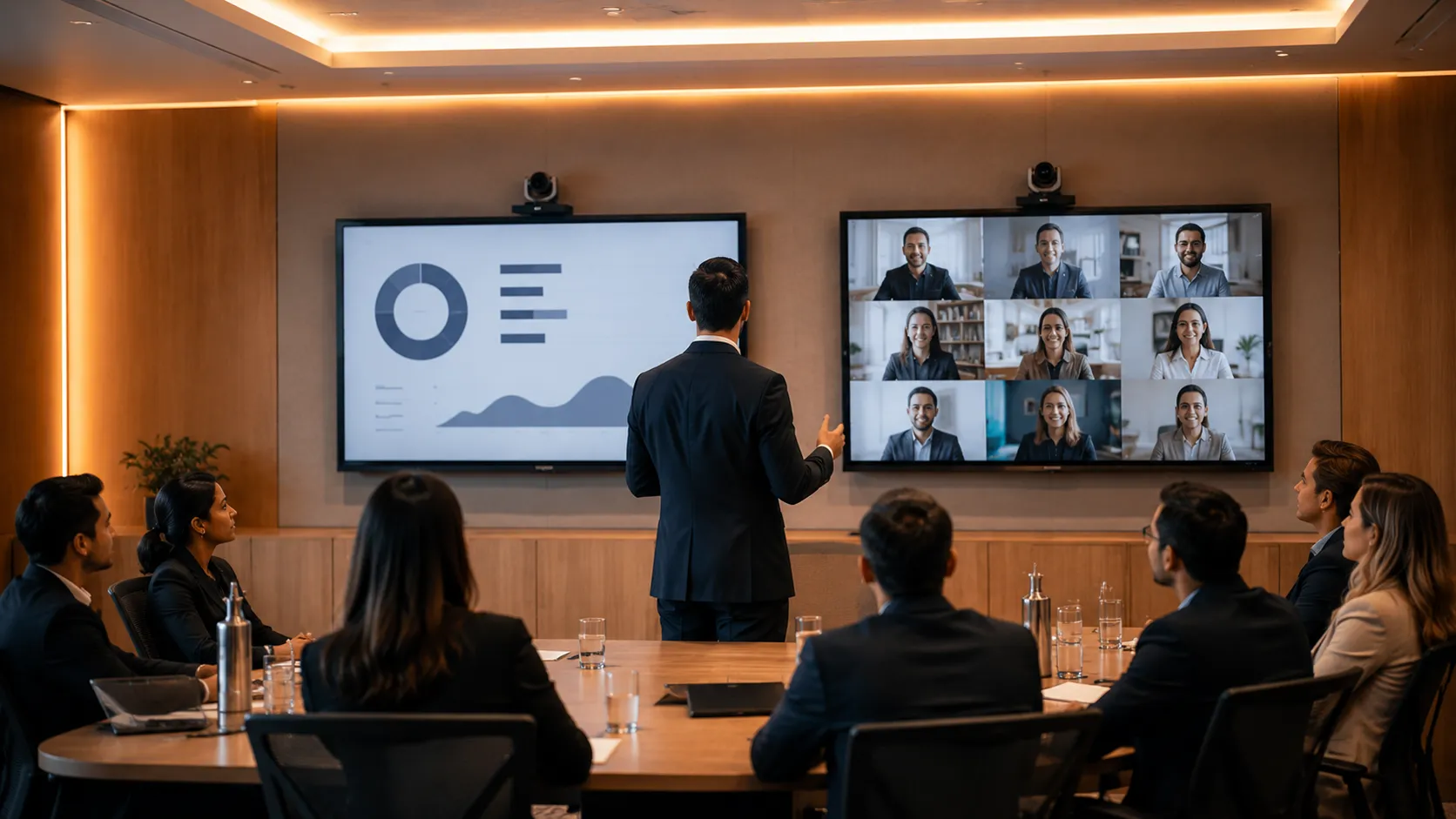 Training Room & Collaboration Space AV — Australian Guide 8 Training room with dual wall-mounted displays — one showing presentation slides, one showing remote video call participants — Kickstart Computers Australia