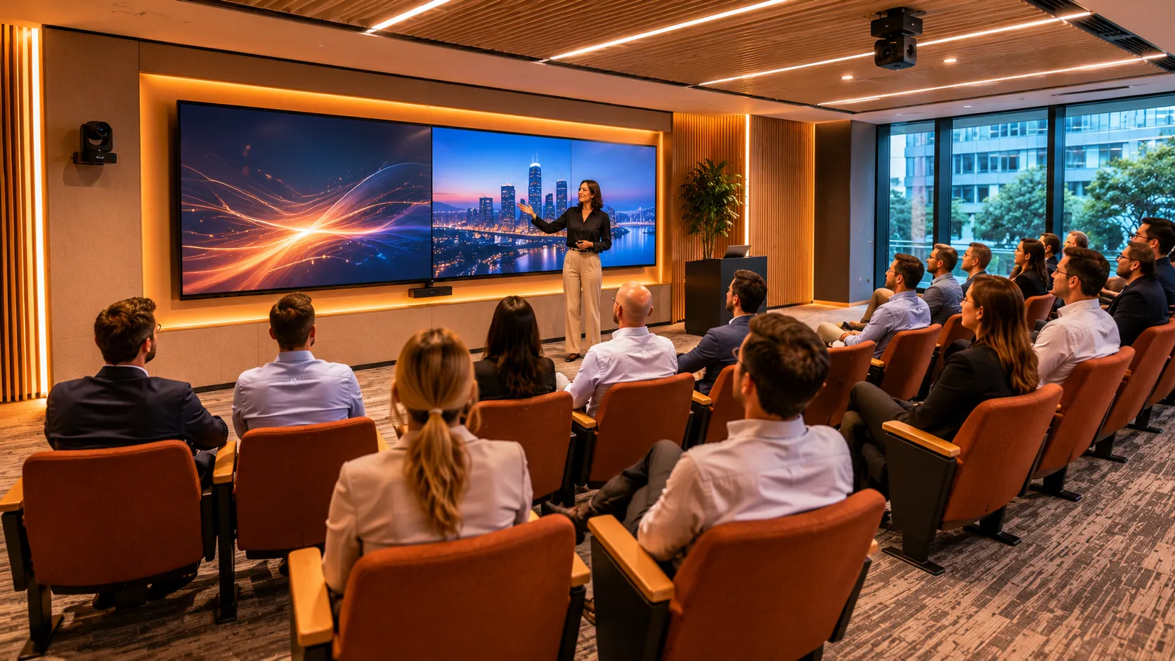 Training Room & Collaboration Space AV — Australian Guide 4 Corporate presentation suite with theatre-style seating, dual PTZ cameras and large display wall showing hybrid video call — Kickstart Computers Australia