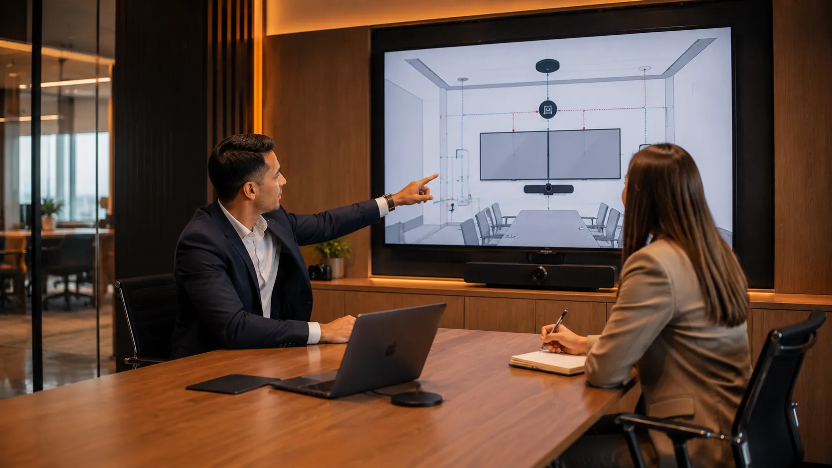 Training Room & Collaboration Space AV — Australian Guide 9 Kickstart Computers specialist discussing collaboration space AV specification with a client in a modern Australian office — Kickstart Computers Australia