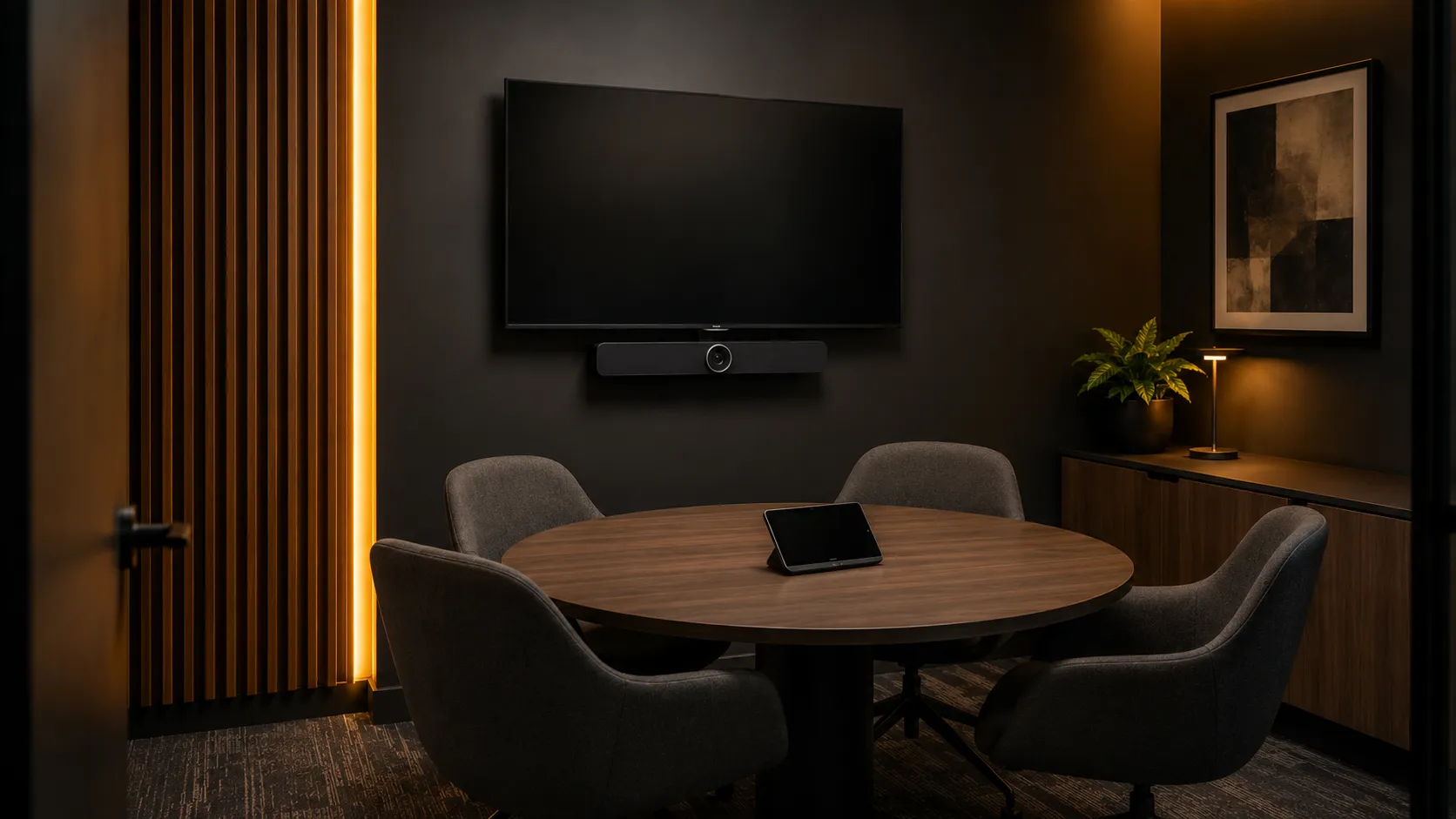 Small Meeting Room & Huddle Space Video Conferencing Australia 2 Compact huddle room with 2 to 4 person table, all-in-one video conferencing bar mounted below single display, warm amber lighting — Kickstart Computers Australia