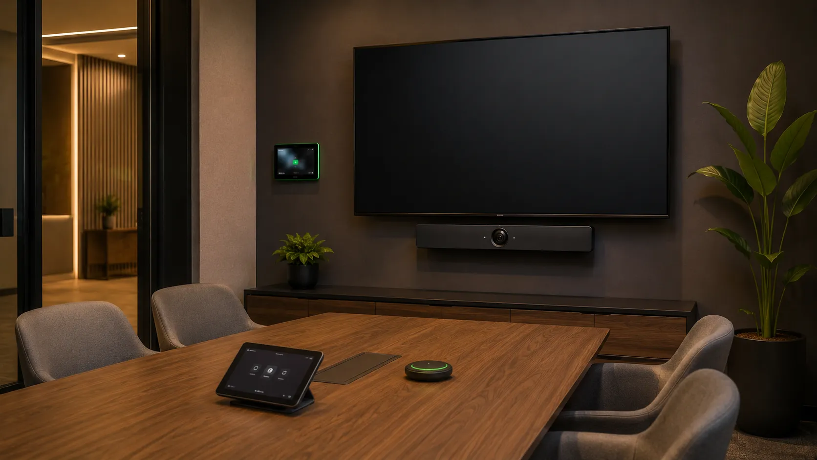 Complete Jabra room kit installed — conference bar below display with 10 inch room scheduler panel — warm amber lighting — Kickstart Computers Australia