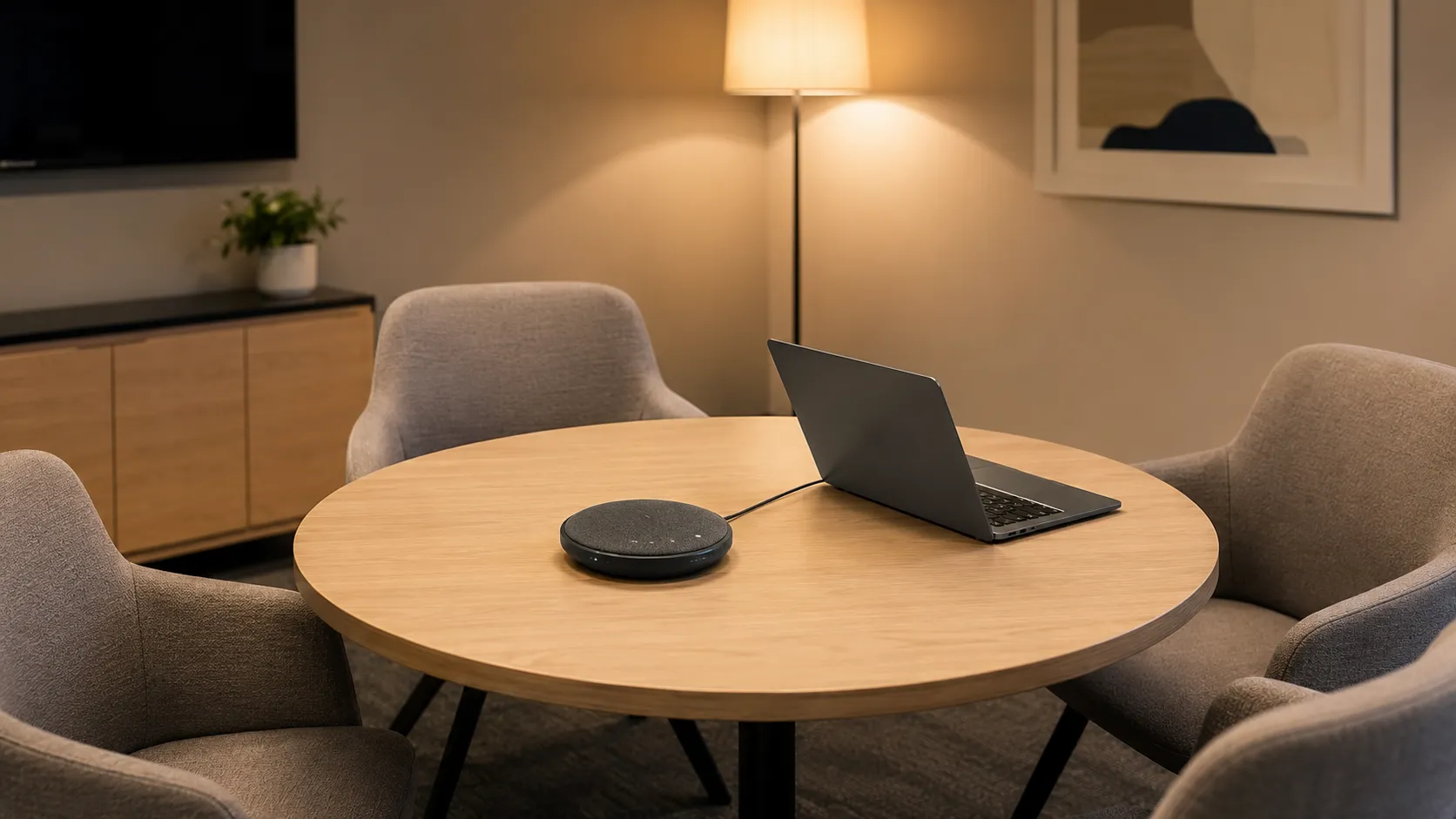 Jabra Speak2 speakerphone on a small meeting room table with a laptop — warm ambient lighting — Kickstart Computers Australia