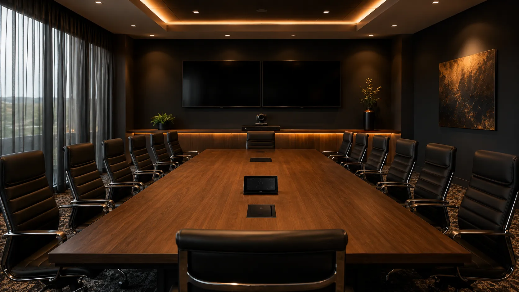 Large Meeting Room & Boardroom Video Conferencing — Hardware For Rooms Seating 12 to 20+ 2 Large corporate conference room with rectangular table seating 14 to 16, PTZ camera on credenza, dual wall-mounted displays, warm amber lighting — Kickstart Computers Australia
