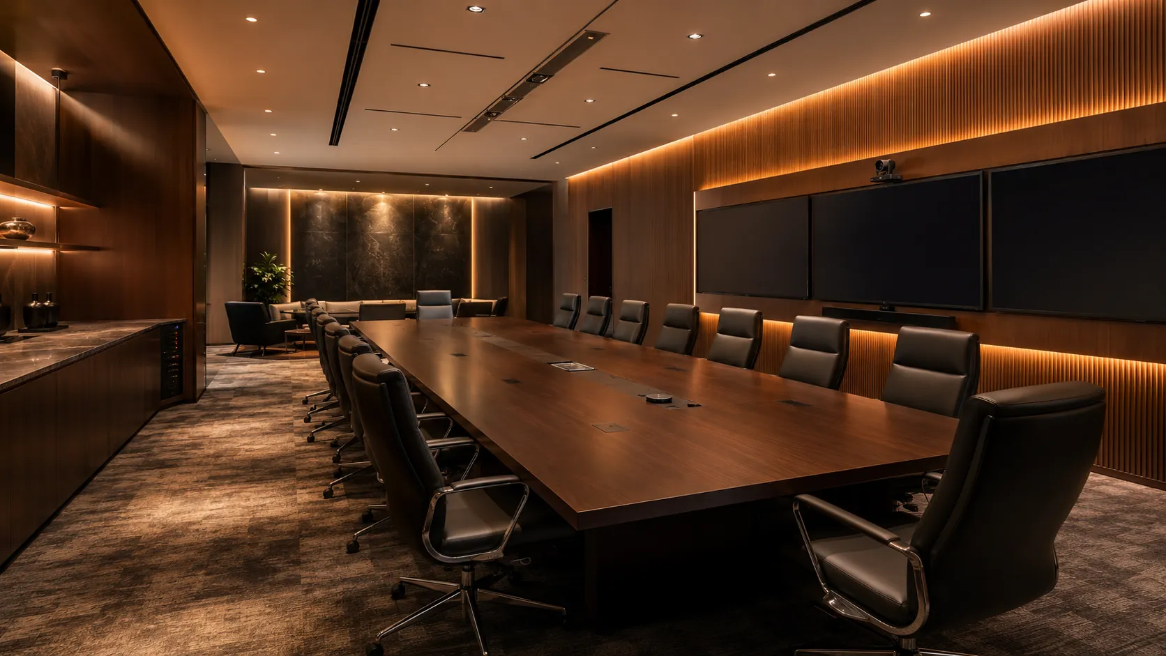 Small Meeting Room & Huddle Space Video Conferencing Australia 10 Large boardroom or training room seating 10 plus people with PTZ camera, ceiling microphone array, dual displays, modular component AV system, executive boardroom — Kickstart Computers Australia