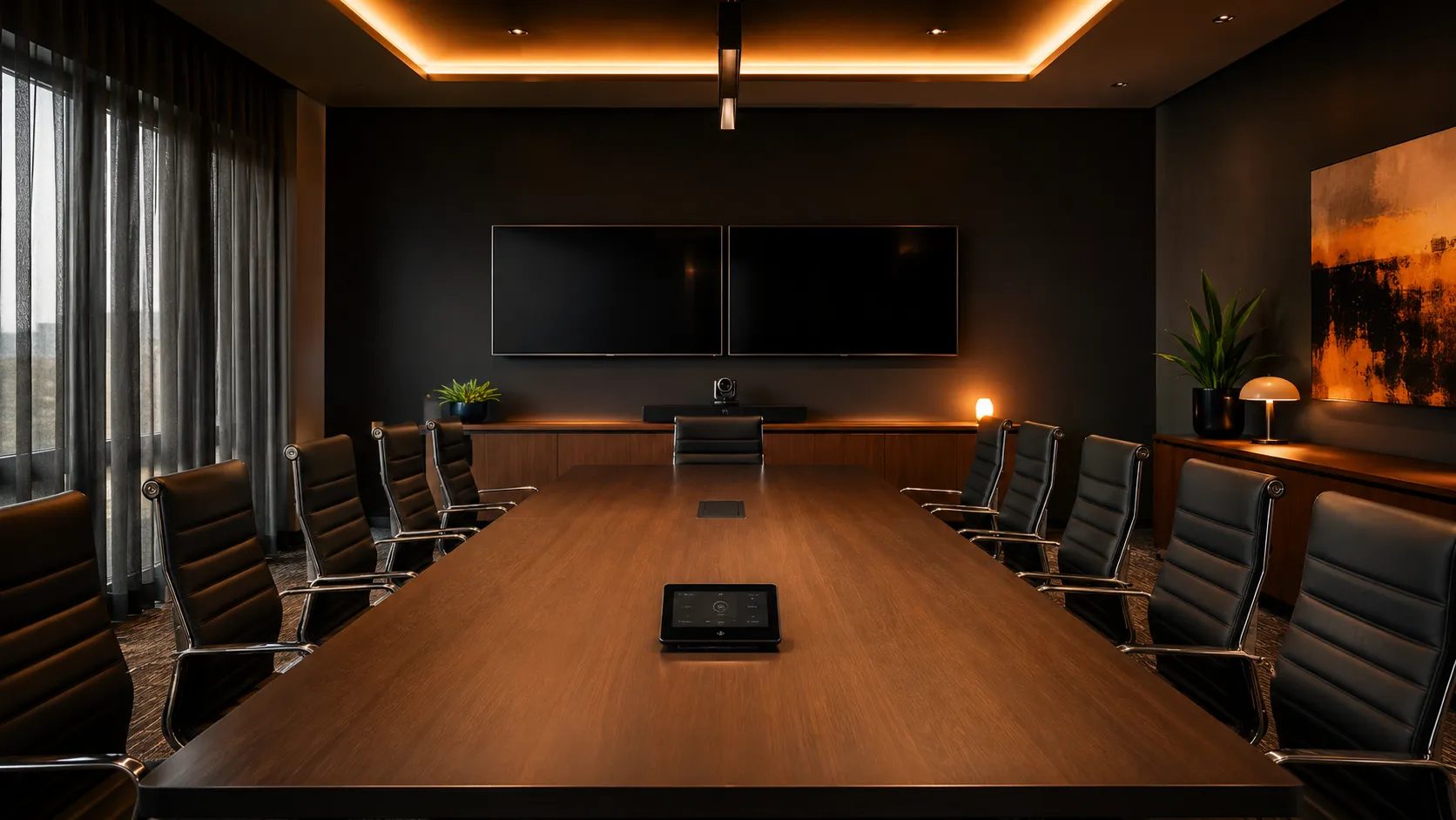 Large Meeting Room & Boardroom Video Conferencing — Hardware For Rooms Seating 12 to 20+ 1 Large meeting room with rectangular conference table seating 12 to 16, PTZ camera on credenza, dual wall-mounted displays, warm amber lighting — Kickstart Computers Australia
