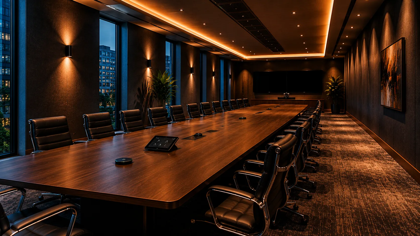 Large Meeting Room & Boardroom Video Conferencing — Hardware For Rooms Seating 12 to 20+ 6 Large meeting room showing microphone placement challenge — long rectangular table with participants at far end, ceiling reflections visible — Kickstart Computers Australia