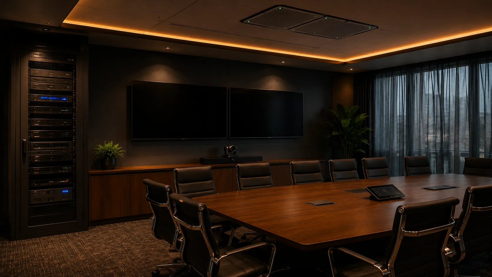 Large Meeting Room & Boardroom Video Conferencing — Hardware For Rooms Seating 12 to 20+ 5 Large meeting room AV rack with dedicated compute unit, PTZ camera and ceiling microphone array installed — professional AV integration — Kickstart Computers Australia