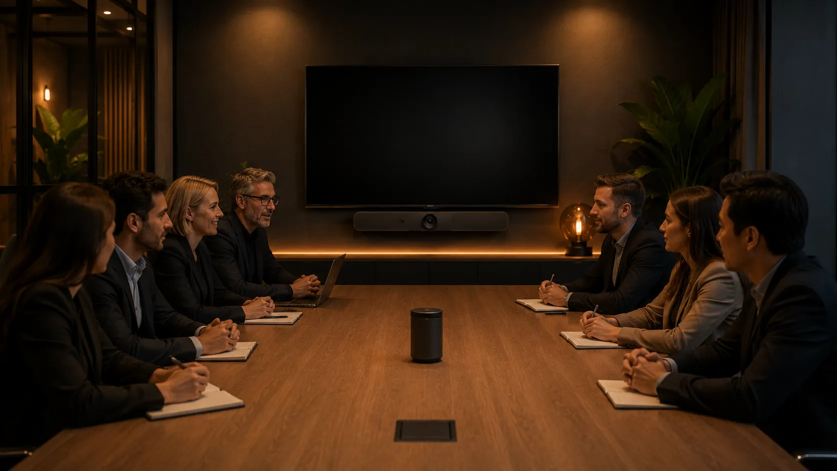 Logitech Rally Bar & Video Conferencing Systems Australia 7 Logitech Sight centre-of-table camera in a collaborative Australian meeting room with Rally Bar mounted on wall