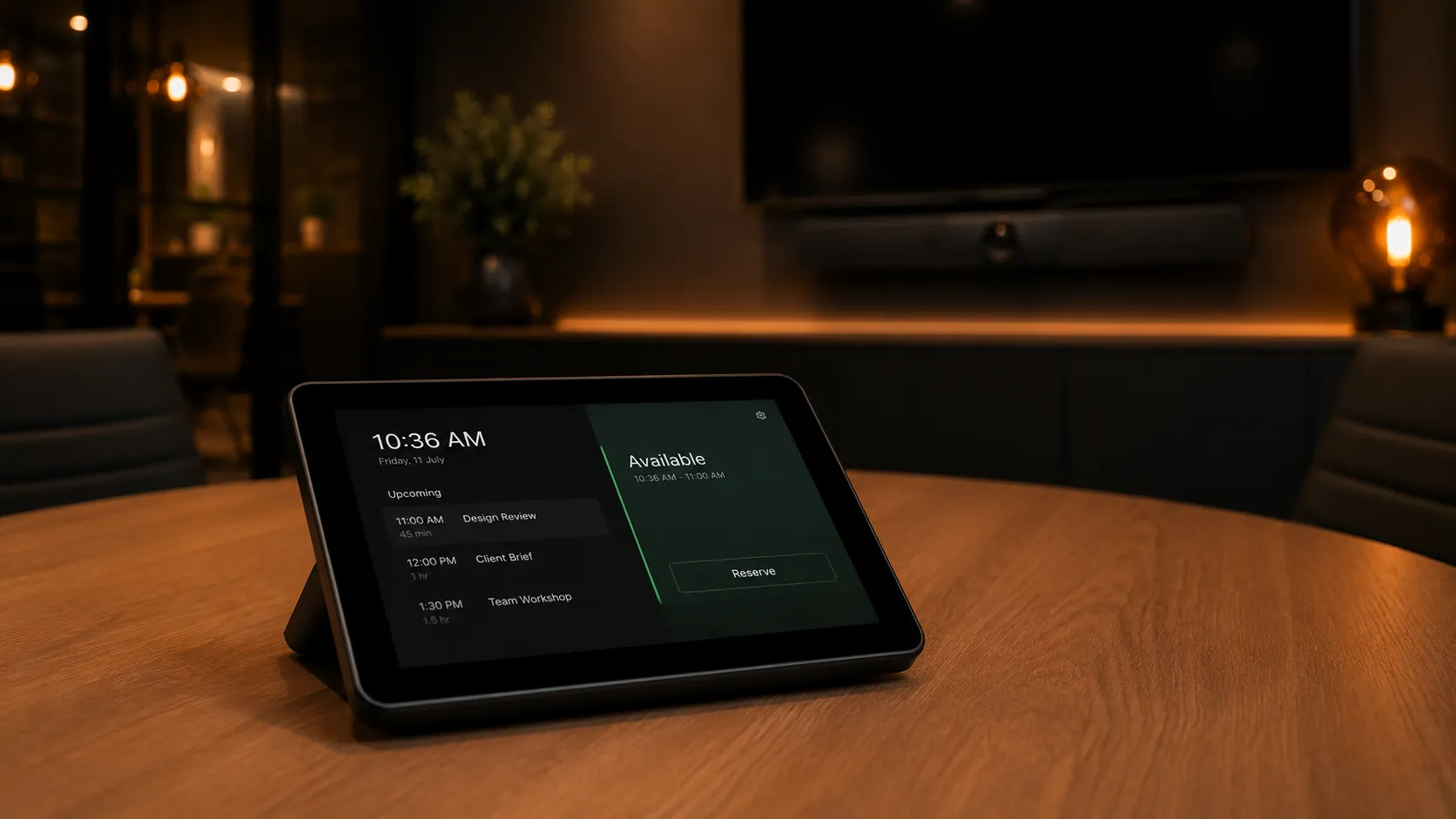 Logitech Rally Bar & Video Conferencing Systems Australia 6 Logitech Tap IP touch controller on a meeting room table showing room scheduling interface