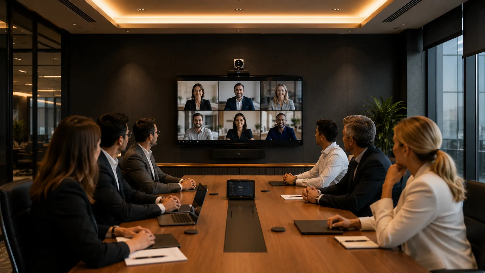 Medium-large boardroom with 8 to 12 seats, PTZ camera above single display, Windows compute unit