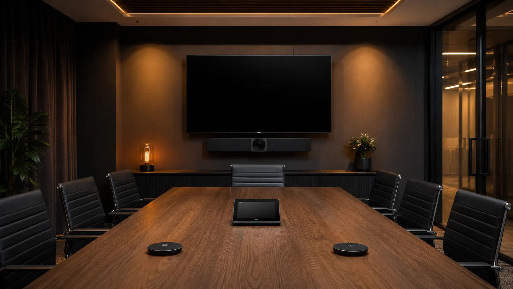 Medium Meeting Room & Conference Room Video Conferencing Australia 5 Workhorse mid-range Android conferencing bar mounted below display in standard medium meeting room with expansion microphones on table — Kickstart Computers Australia