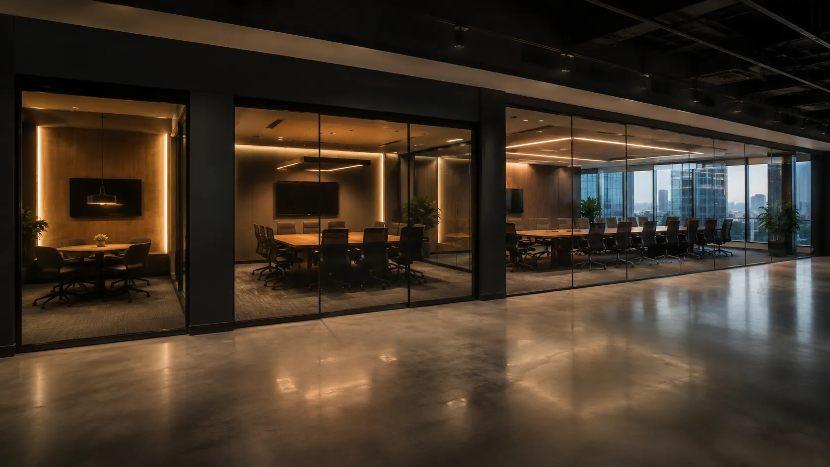 Large Meeting Room & Boardroom Video Conferencing — Hardware For Rooms Seating 12 to 20+ 7 Office floor plan showing multiple meeting room types — small huddle rooms, medium conference rooms and a large meeting room — standardised AV fleet planning — Kickstart Computers Australia