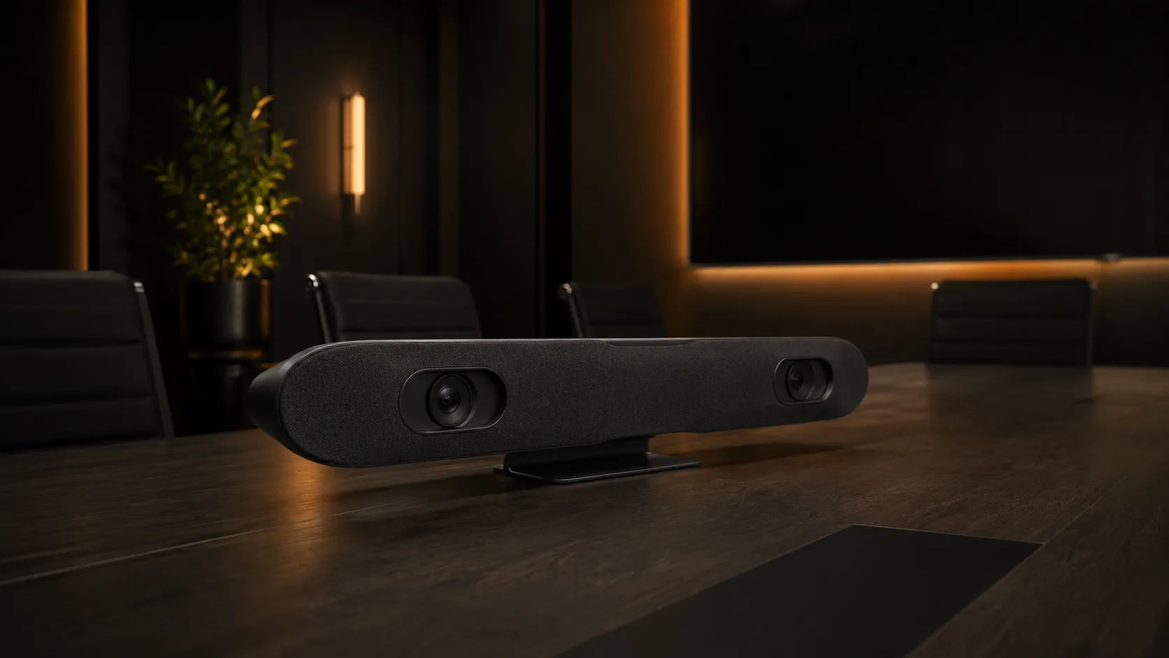 Large Meeting Room & Boardroom Video Conferencing — Hardware For Rooms Seating 12 to 20+ 11 Poly Studio E70 dual camera conferencing system on large meeting room table — distinctive dual-lens form factor, warm amber lighting — Kickstart Computers Australia