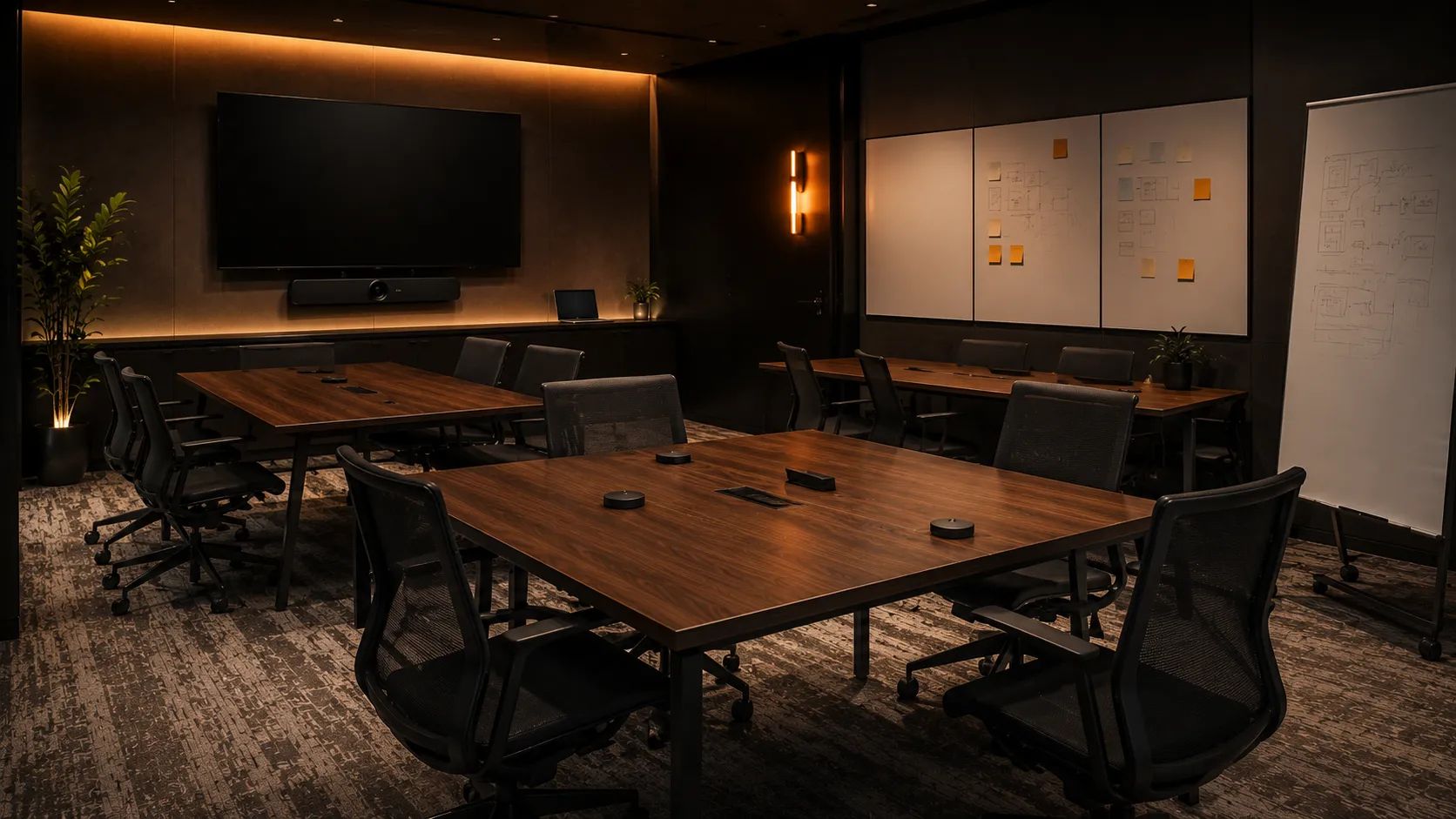 Medium Meeting Room & Conference Room Video Conferencing Australia 4 Project room or hybrid collaboration space with modular furniture, flexible layout, video conferencing setup for workshops and longer sessions, warm amber lighting — Kickstart Computers Australia
