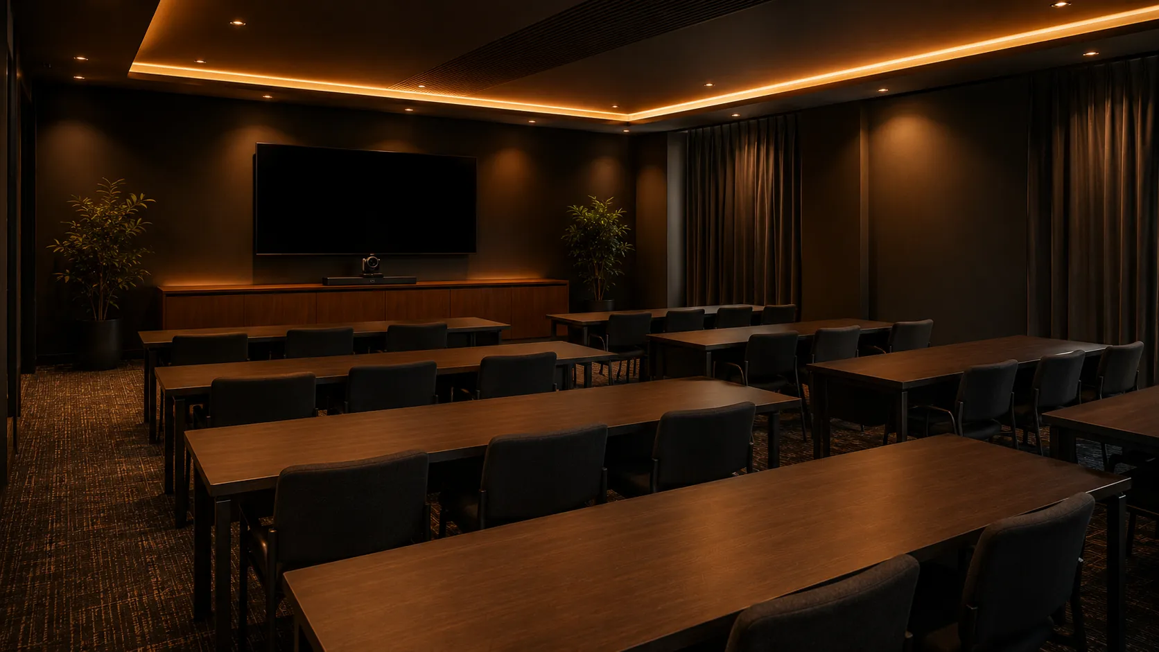 Large Meeting Room & Boardroom Video Conferencing — Hardware For Rooms Seating 12 to 20+ 3 Corporate training room with rows of tables, wide-angle PTZ camera, large display screen and flexible seating for 15 to 20 — Kickstart Computers Australia