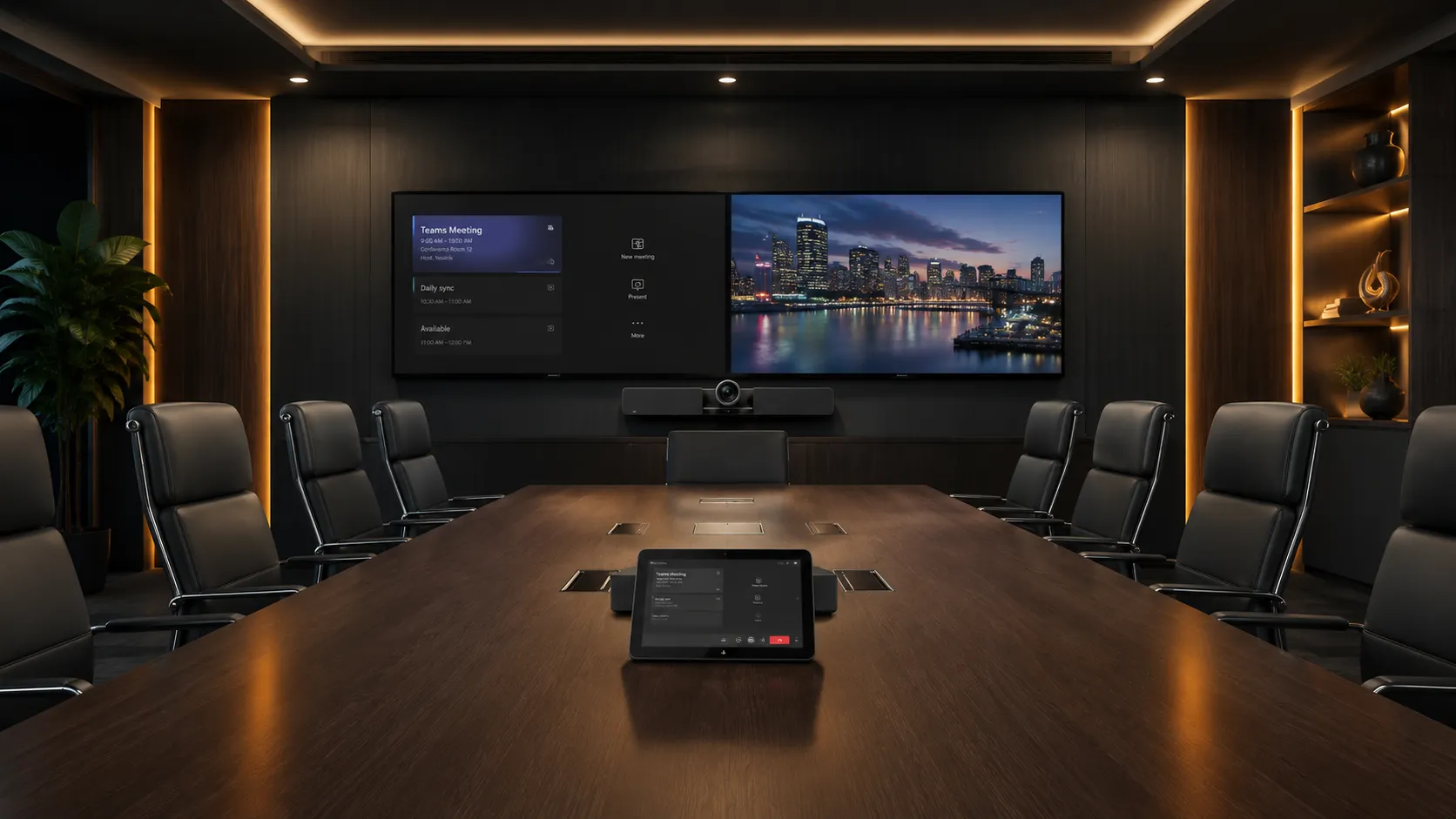 Yealink Microsoft Teams Room setup in a large Australian corporate boardroom with dual displays and tabletop console