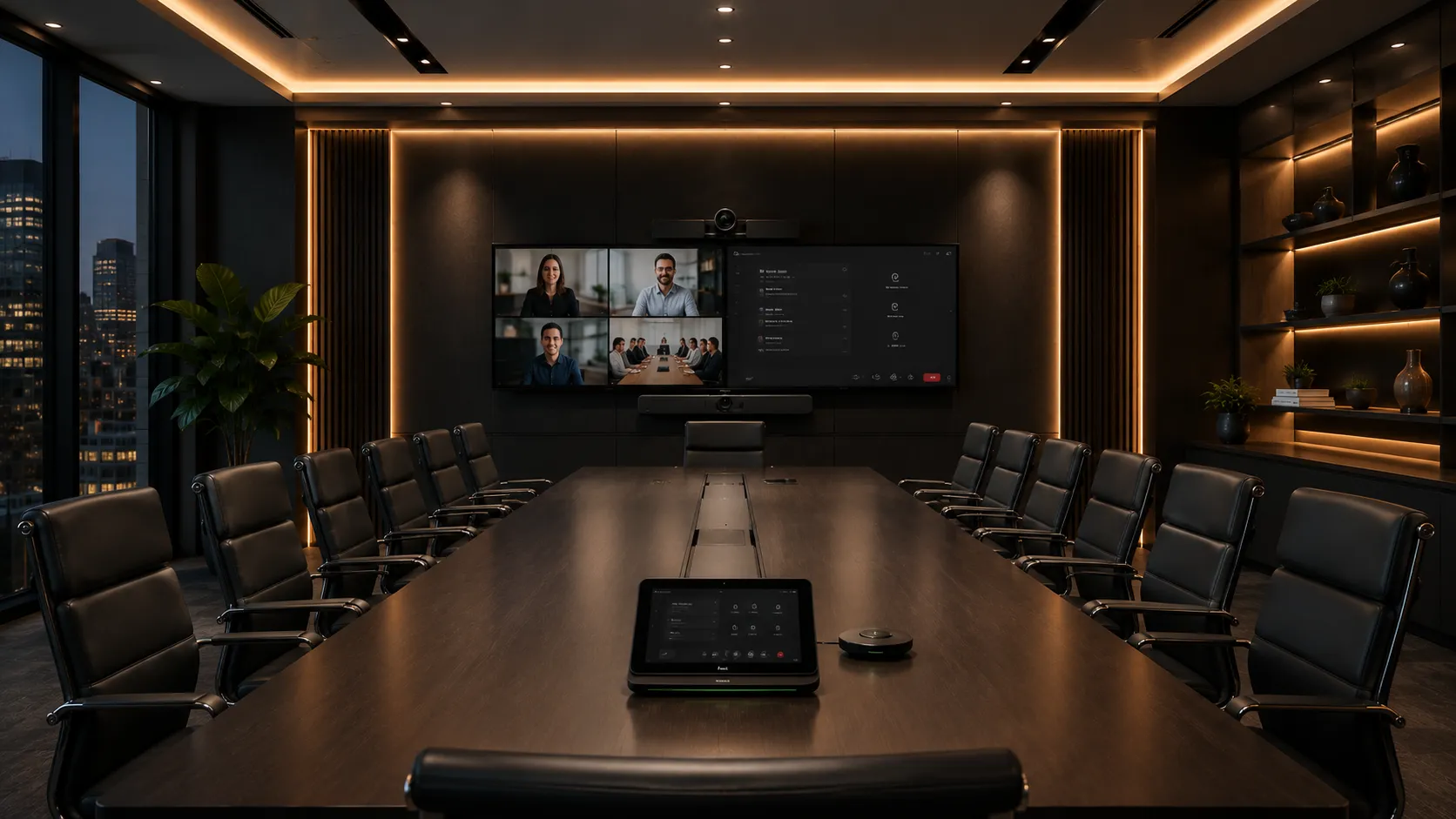 Yealink MVC S90 Teams Room setup in a large executive boardroom with PTZ camera and dual displays