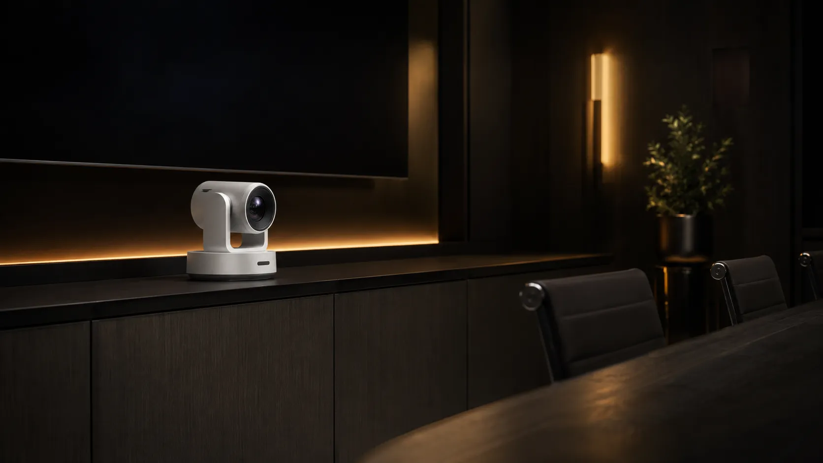 Large Meeting Room & Boardroom Video Conferencing — Hardware For Rooms Seating 12 to 20+ 10 Yealink UVC86 PTZ camera on conference room credenza — dark gunmetal hardware, warm amber lighting — Kickstart Computers Australia