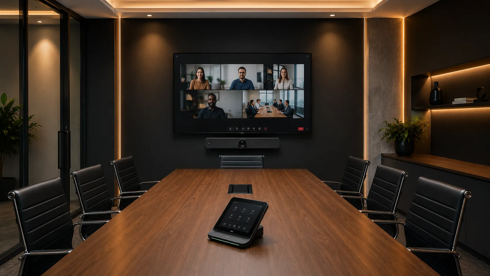 Yealink MeetingBar A30 setup in a medium corporate meeting room with 6 to 8 seats and large display
