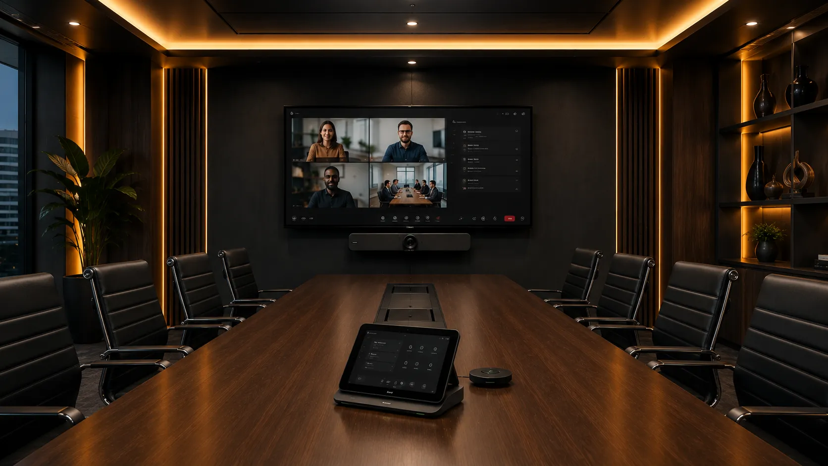 Yealink Teams Room setup with Microsoft Teams Rooms interface on boardroom display and tabletop console
