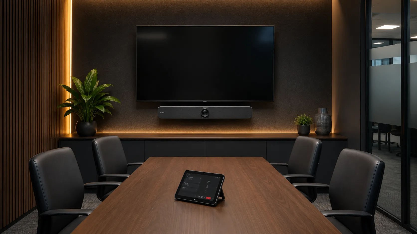 Yealink MeetingBar installed in a small corporate huddle room with compact table and single display