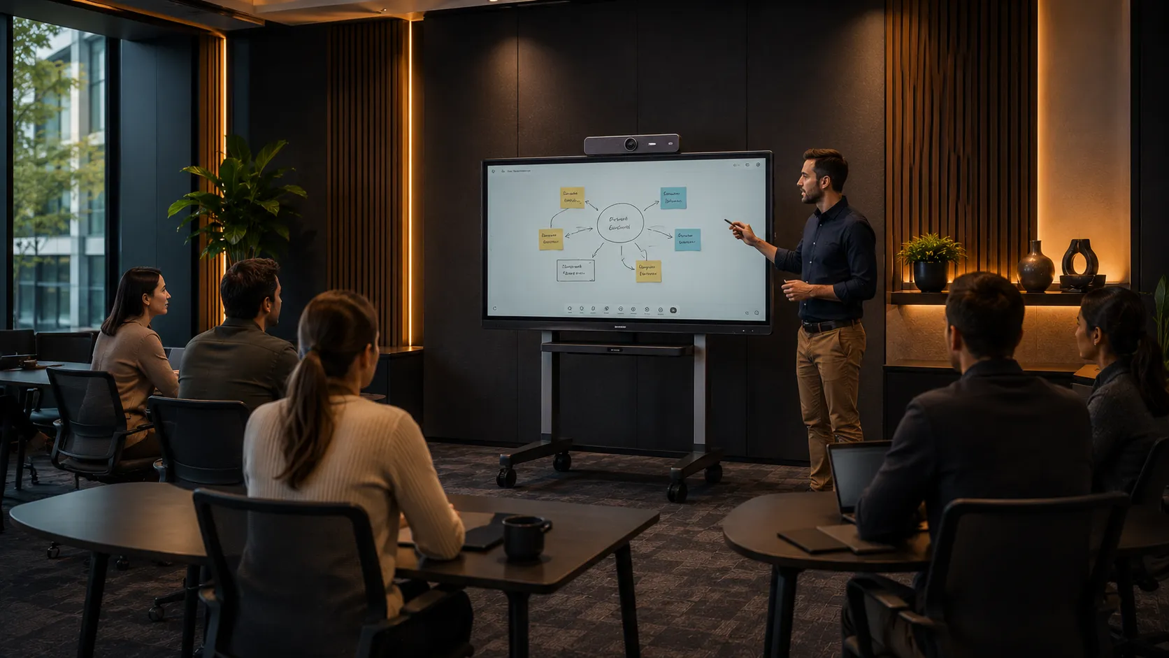 Yealink MeetingBoard on mobile stand in a corporate training and collaboration space with open flexible seating