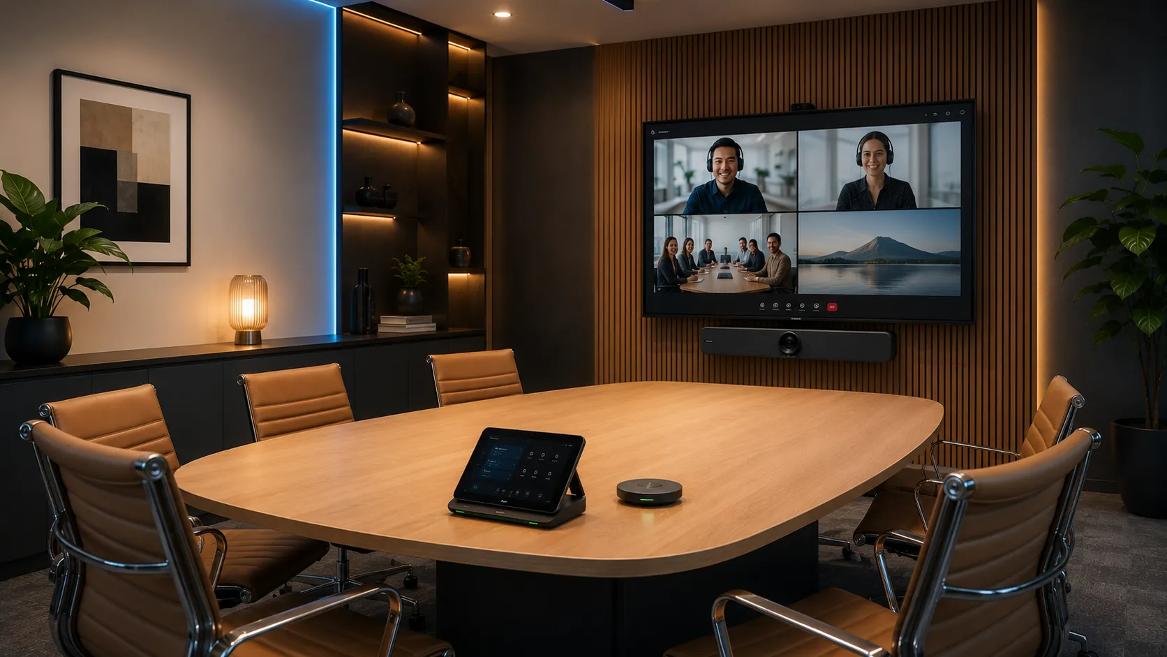 Yealink MeetingBar setup with Zoom Rooms interface on display in a modern collaborative meeting room