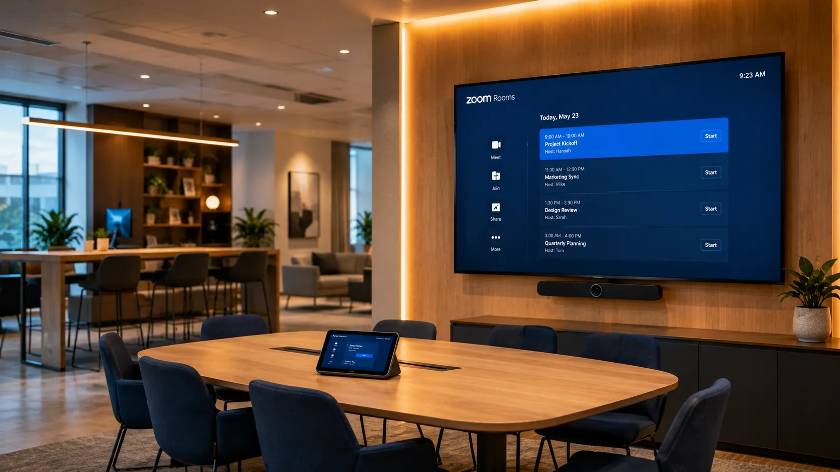 Modern collaborative meeting space with Zoom Rooms scheduling interface on display