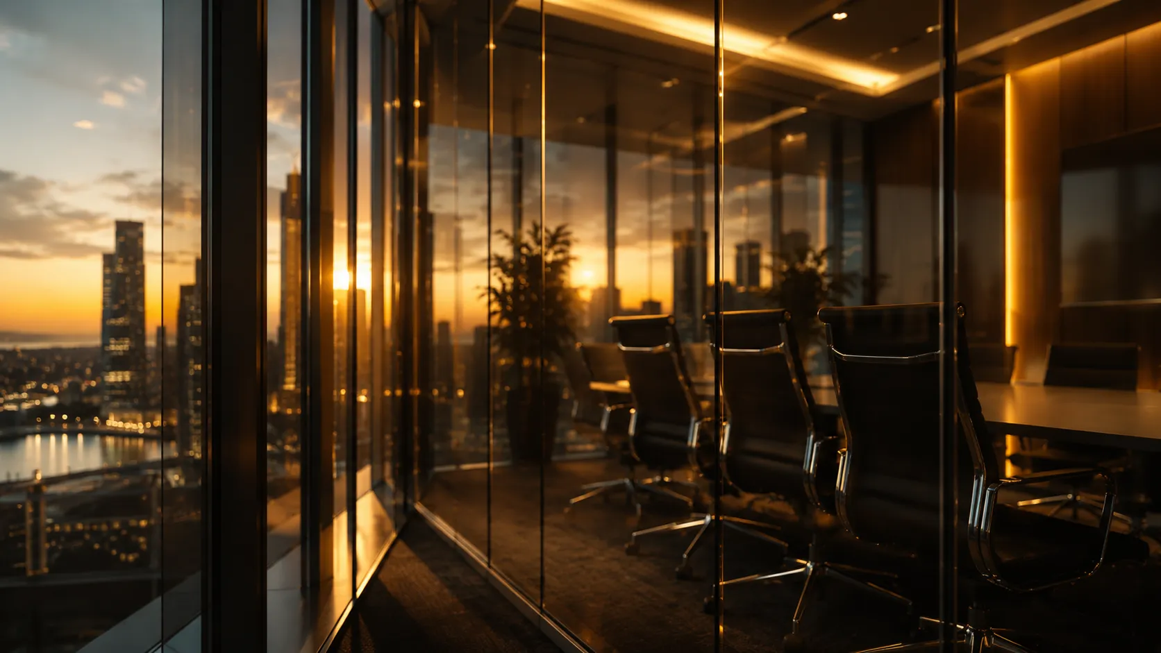 Glass-walled executive boardroom showing floor-to-ceiling glass panels and reflective hard surfaces — a challenging acoustic environment
