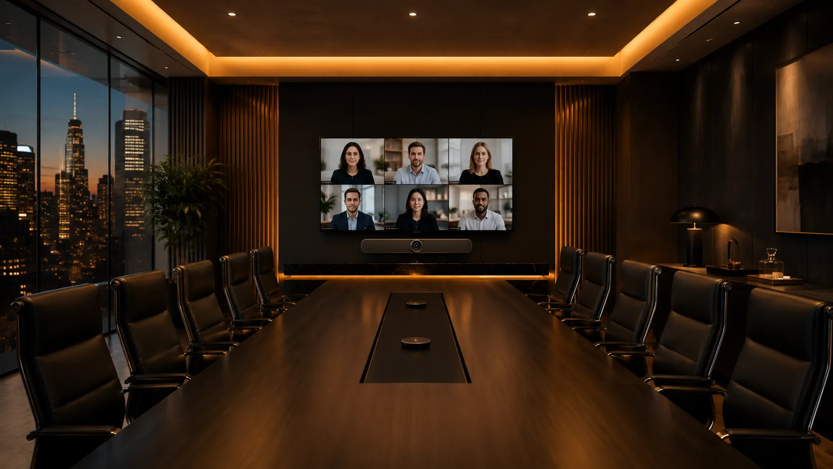 Premium executive boardroom with Poly video conferencing system and deep amber lighting overlooking city skyline