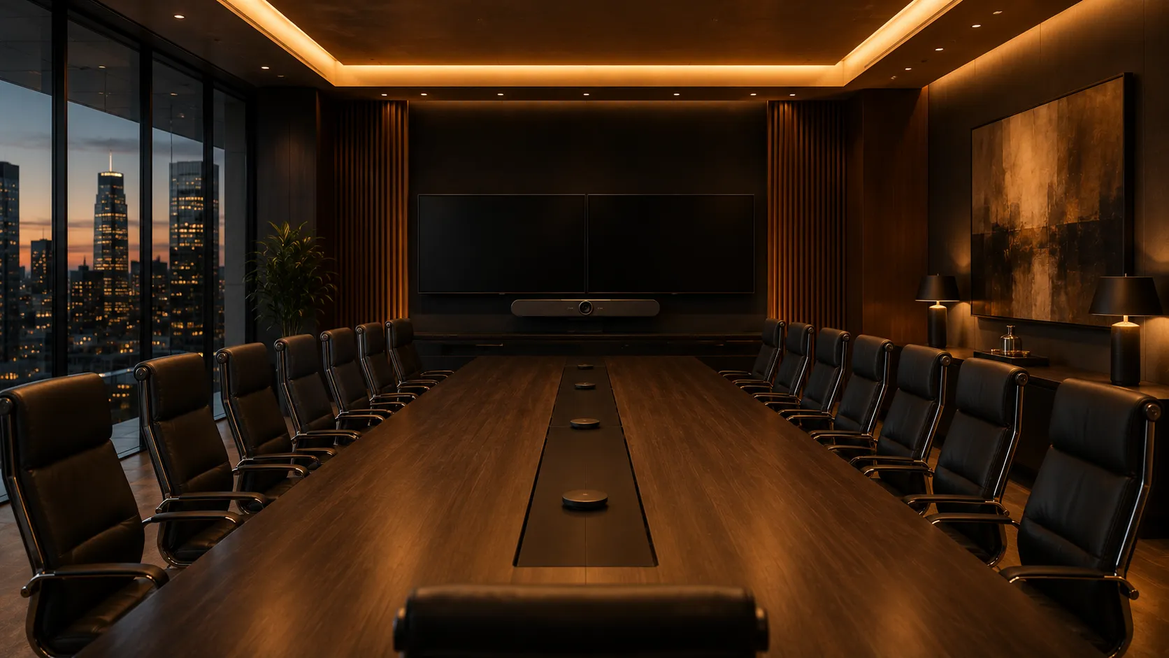 Large executive boardroom with Poly video conferencing system and dual display screens