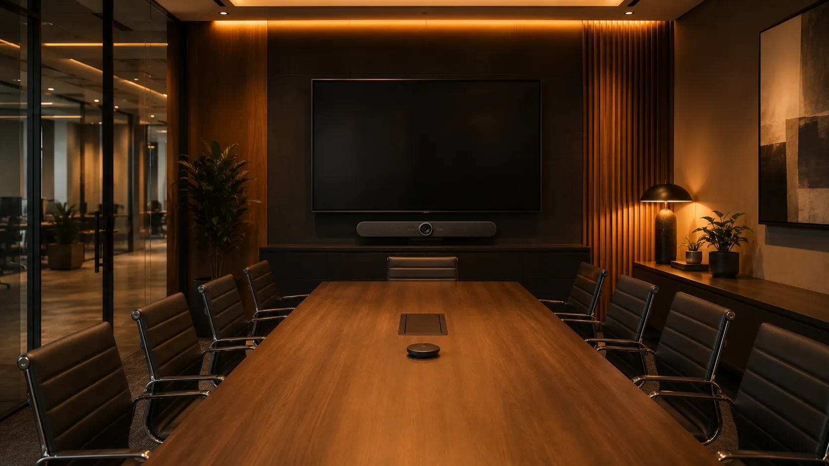 Medium corporate meeting room with Poly Studio video conferencing system and glass wall
